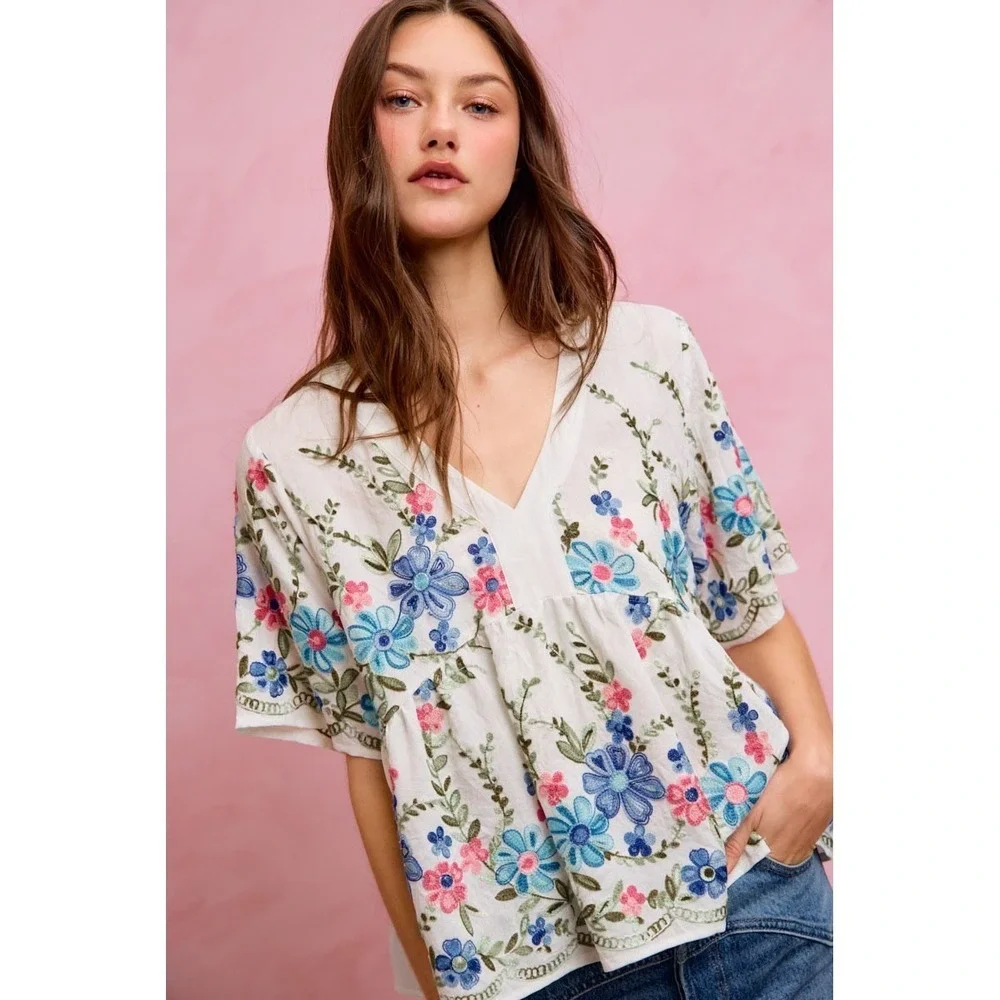SO ME Floral Embroidered Baby Doll Blouse Top - Medium - Picture 5 of 5